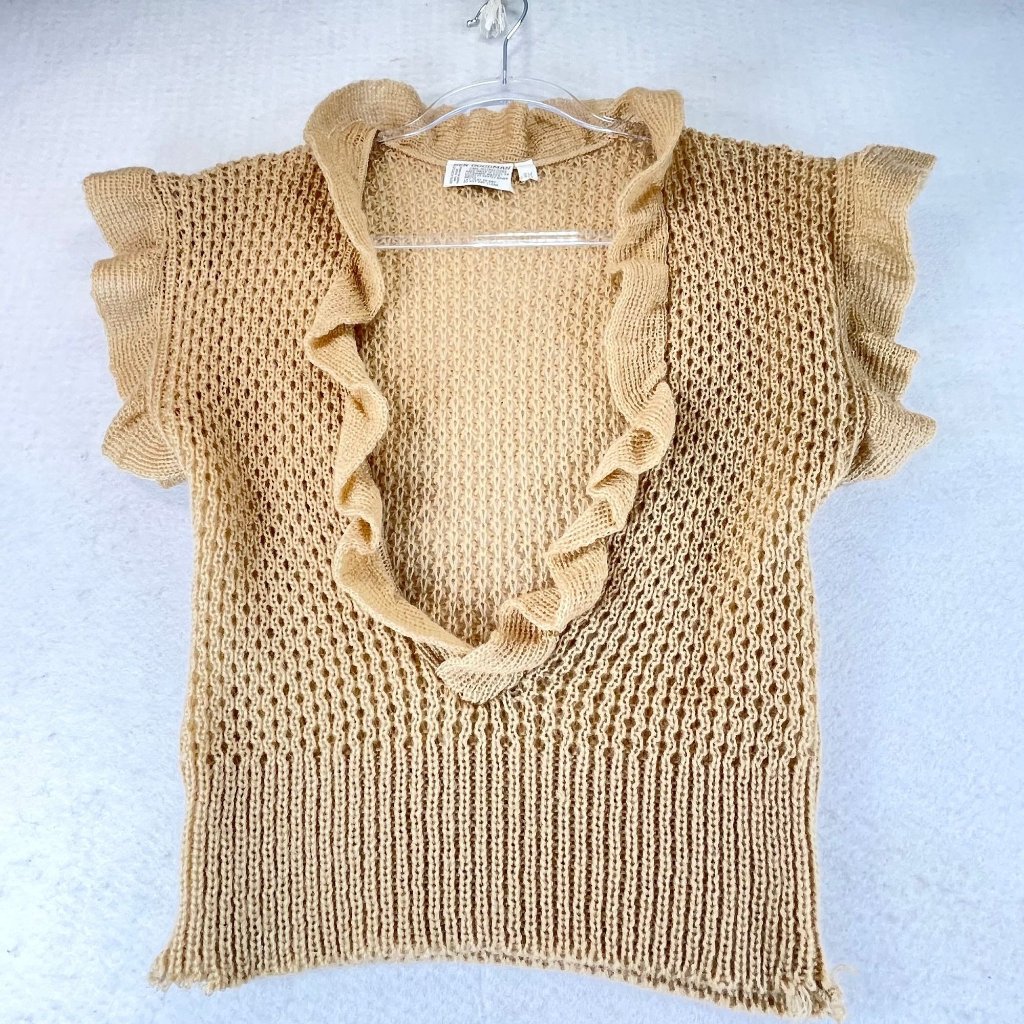 Vintage Ben Goodman Womens S Knit Ruffle Neck Deep V-Neck Short Sleeve Sweater